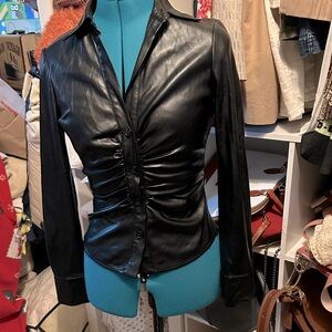 Zara Black Button Down Faux Leather Shirt